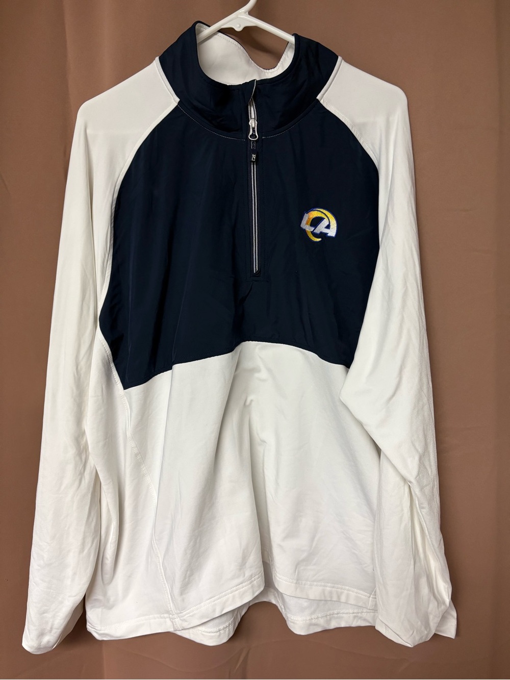 LA Rams Cutter & Buck Navy/White Adapt Eco Knit Hybrid Recycled Quarter-Zip XXL